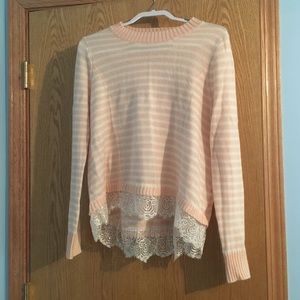 Peach and White striped sweater with lace detail